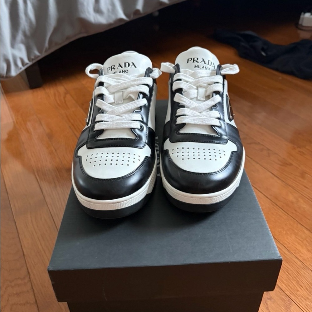 Prada Men's Black and White Leather Sneakers - Picture 4 of 5